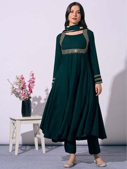 FASHOR - Green Solid/Plain Anarkali Kurta with Pant & Dupatta
