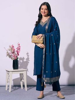 FASHOR - Teal Embroidered Kurta with Pant & Dupatta
