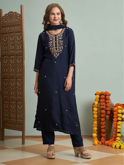 FASHOR - Navy Blue Embroidered Kurta with Pant & Dupatta