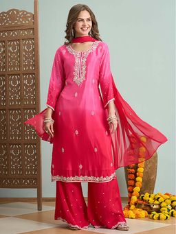 FASHOR - Red Embroidered Kurta with Palazzo & Dupatta