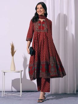 FASHOR - Red Printed Anarkali Kurta with Palazzo & Dupatta