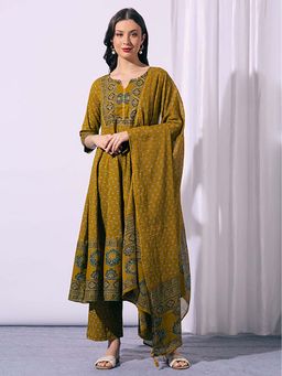 FASHOR - Olive Floral Anarkali Kurta with Palazzo & Dupatta
