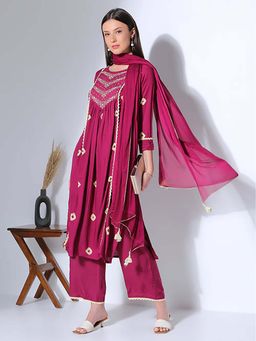 FASHOR - Wine Embroidered Kurta with Palazzo & Dupatta