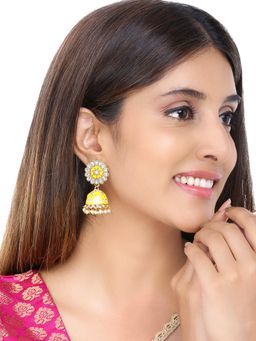 Yellow Chimes - Gold Plated Kundan Studded Meenakari Pearl Jhumka