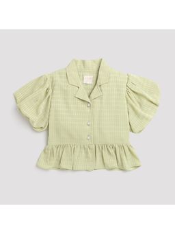 TINY GIRL - Balloon Sleeves Textured Detailed Shirt- Green