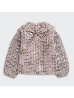 TINY GIRL - Full Sleeves Printed Bow Detailed Neck Top- Beige