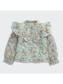 TINY GIRL - Full Sleeves Floral Printed Frill Detailed Shirt- Green