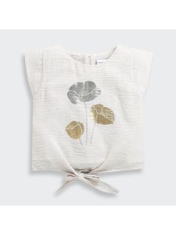 TINY GIRL - Cotton Half Sleeves Foil Detailed Flower Top- Cream