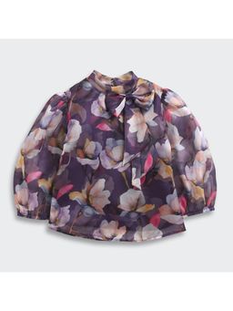 TINY GIRL - Full Sleeves Flower Printed Bow Detailed Top- Purple