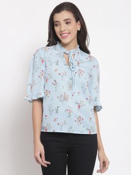 Ayrolane - Blue Printed Ruffle Neck Top