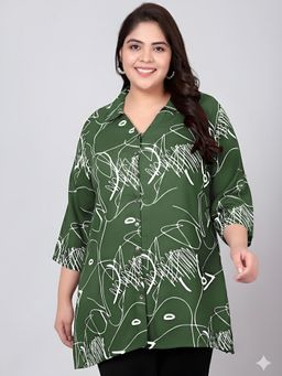 Indietoga Plus Size - Women Scribble Print Rayon Longline Green Shirt