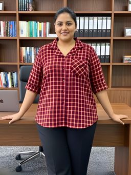 Indietoga Plus Size - Women Checks Woven Cotton Wool Blend Red Shirt