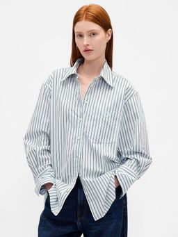 GAP - Women Vertical Stripes Loose Fit Spread Collar White Shirt