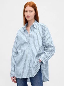 GAP - Women Vertical-Stripes Loose Fit Blue Shirt