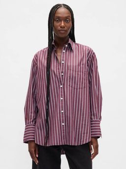GAP - Women Vertical-Stripes Loose Fit Burgundy Shirt