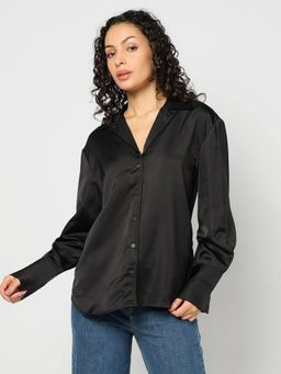 GAP - Women Camp Notch Collar Relaxed Fit Black Shirt