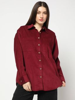 GAP - Women Corduroy Relaxed Fit Spread Collar Maroon Shirt