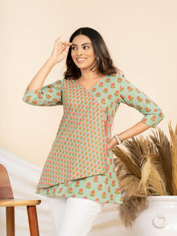 WEAVLLITE - Womens Green Pure Cambric Cotton Block Printed Tunic