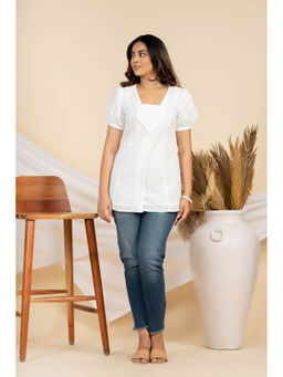 WEAVLLITE - Womens White Pure Cotton Schiffli Embroidery Tunic