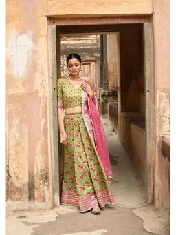 EKOHUM - Mulmul Gota Stitched Green Stitched Blouse with Lehenga with Dupatta