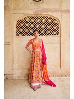 EKOHUM - Cotton Gota Stitched Orange Top with Skirt and Dupatta