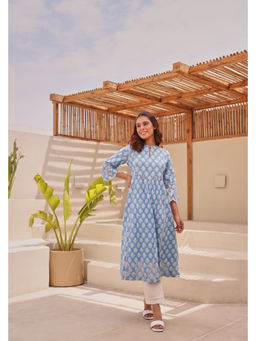 EKOHUM - Printed Cotton Blue Kurta