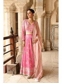 EKOHUM - Mulmul Embroidered Stitched Pink Stitched Blouse with Lehenga and Dupatta