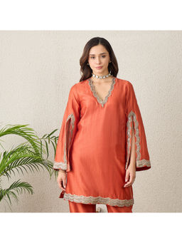 First Resort by Ramola Bachchan - Orange Scallop Cut Kurta