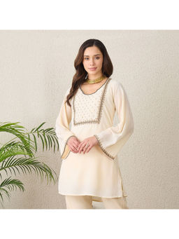First Resort by Ramola Bachchan - Ivory Yoke Embroidered Kurta