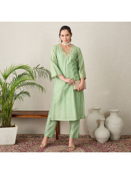First Resort by Ramola Bachchan - Pistacchio Green Yoke Embroidered Kurta with Mirror Work
