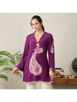 First Resort by Ramola Bachchan - Magenta Paisley Crystal Embellished Short Kurta