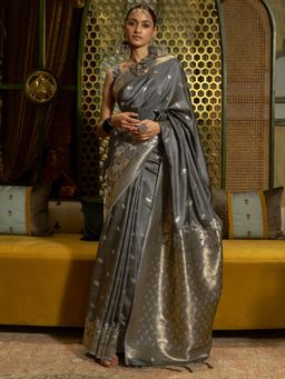 Akhilam - Womens Silk Blend Grey Woven Designer Saree with Unstitched Blouse