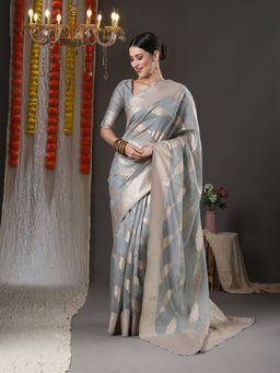 Akhilam - Womens Organza Grey Woven Design Designer Saree with Unstitched Blouse