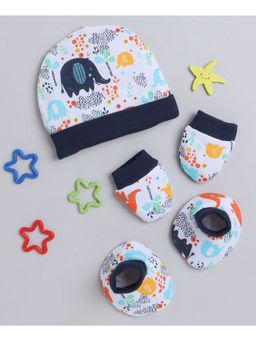 Bumzee - White & Navy Girls Cotton Cap Mitten & Bootie Set