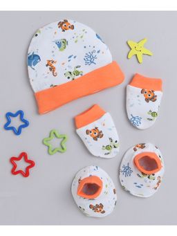 Bumzee - White & Orange Girls Cotton Cap Mitten & Bootie Set
