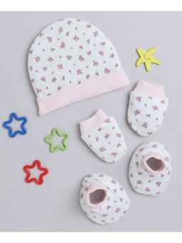 Bumzee - White & Baby Pink Girls Cotton Cap Mitten & Bootie Set