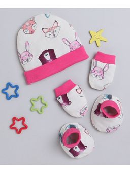 Bumzee - Off White & Pink Girls Cotton Cap Mitten & Bootie Set