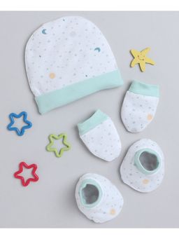 Bumzee - White & Green Boys Cotton Cap Mitten & Bootie Set
