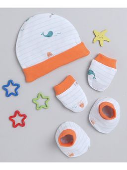 Bumzee - White & Orange Boys Cotton Cap Mitten & Bootie Set