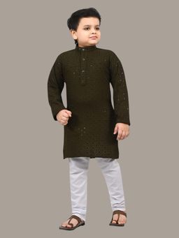BT DEZINES - Olive Embroidered Kurta and Pyjama (Set of 2)