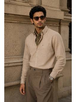 XKIND - Beige 100% Pure Linen Button Down Casual Shirt