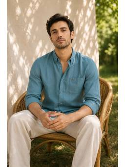 XKIND - Blue 100% Pure Linen Button Down Casual Shirt