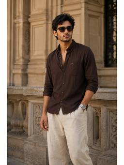 XKIND - Dark Brown 100% Pure Linen Button Down Casual Shirt