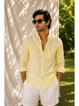 XKIND - Light Yellow 100% Pure Linen Button Down Casual Shirt