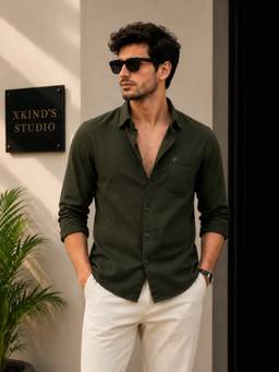 XKIND - Dark Green Twill Lycra Slim Fit Casual Shirt