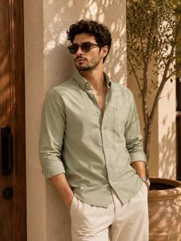 XKIND - Light Olive Twill Lycra Slim Fit Casual Shirt