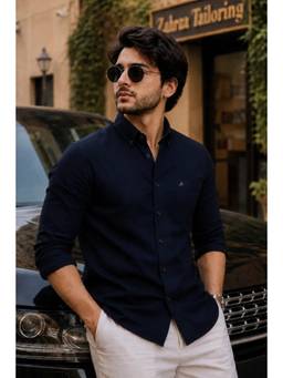 XKIND - Navy Twill Lycra Slim Fit Casual Shirt