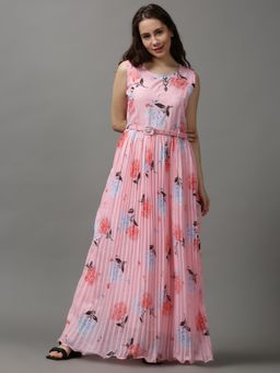 SHOWOFF - Women's Round Neck Embellished Pink Maxi Dress (Set of 2)