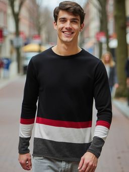 Bewakoof - Men's Black Color Block Flat Knit Sweater