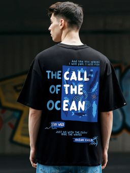 Bewakoof - Men's Black Ocean Child Graphic Printed Oversized T-shirt
